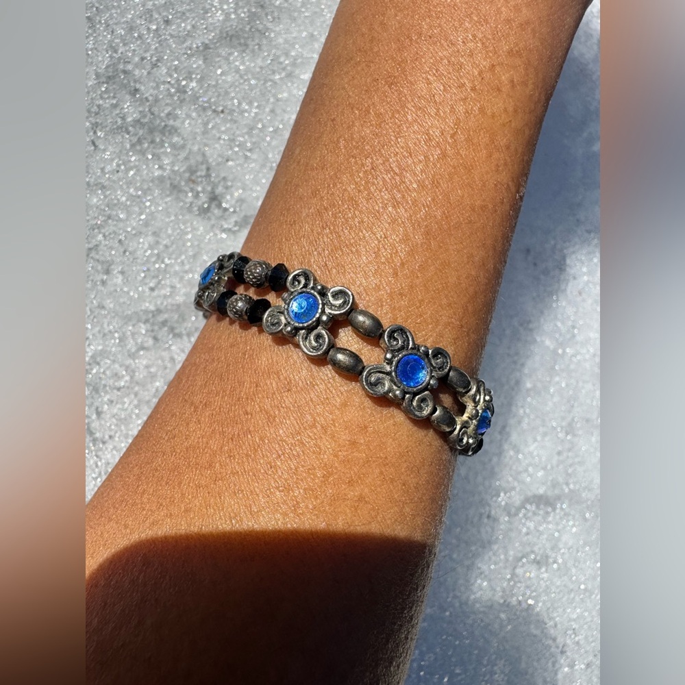 Vintage 925 Sterling Flower Blue Rhinestone Linked Bracelet